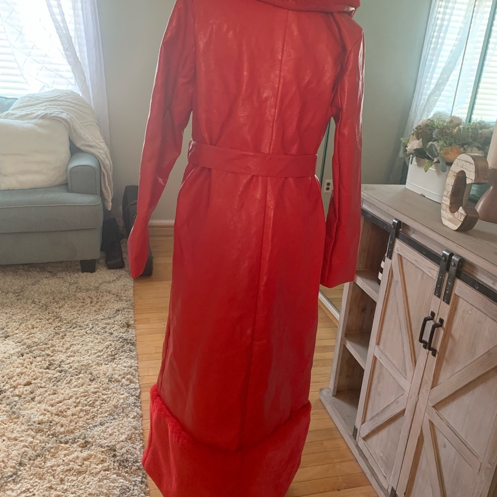 Fashion Nova Red Long Faux Fur Trim Coat - Picture 6 of 10